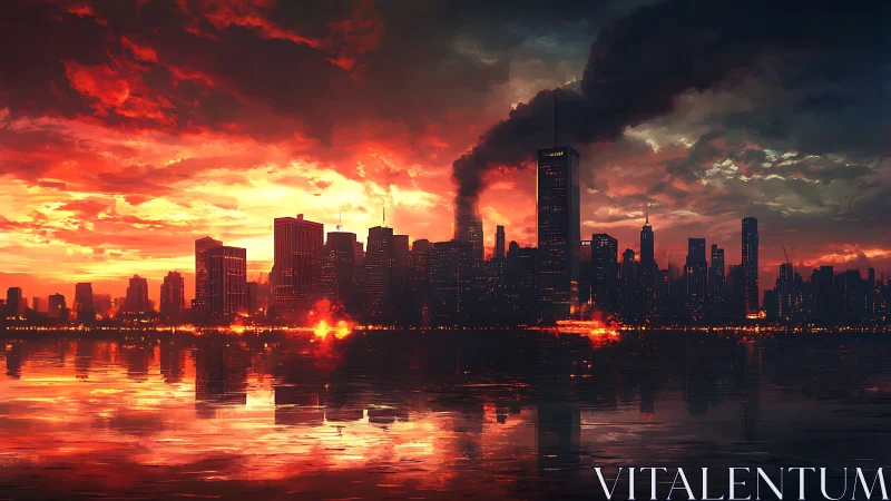 Burning city skyline under red storm clouds at dusk.