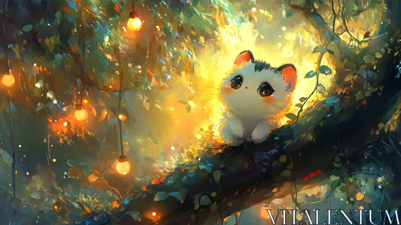 Luminescent Feline Perched in Enchanted Woodland Glow.