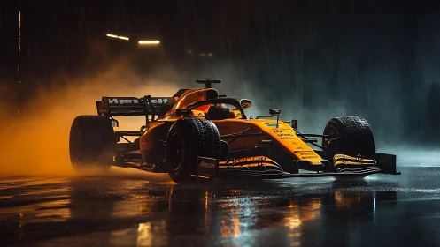 Rain-soaked race car glowing in dramatic pit lane light.