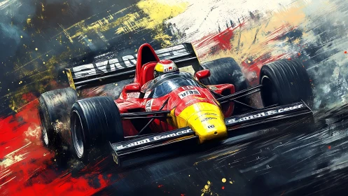 Red and yellow Formula race car in dynamic motion scene.