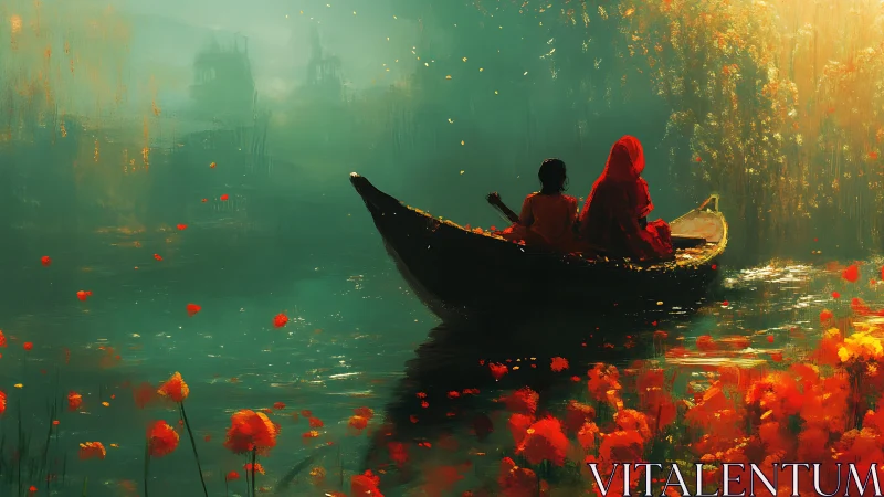 Gondola Among Red Flowers in Mystical Emerald Waters