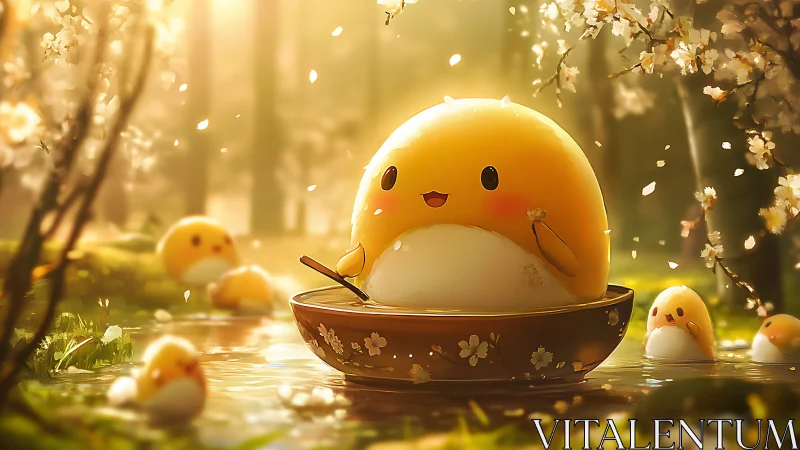 Luminescent mochi chick voyagers in sakura-lit forest stream.