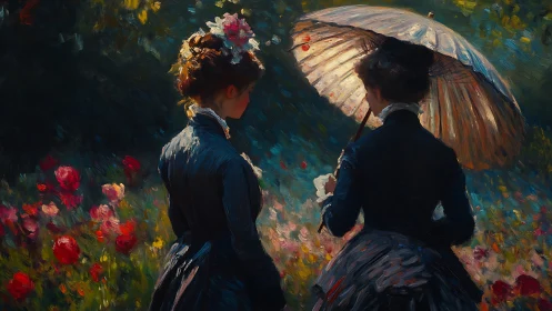 Victorian women in garden rendered with dense impasto brushwork