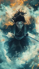 Samurai ascends through swirling fire and storm clouds.