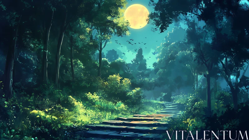 Luminescent Forest Pathway Under Full Moon at Night.