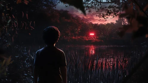 Boy silhouetted by eerie red river lights at twilight forest.