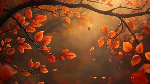 Golden autumn leaves drifting through evening light.