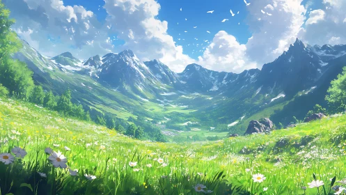 Digital alpine valley landscape with wildflower meadow.