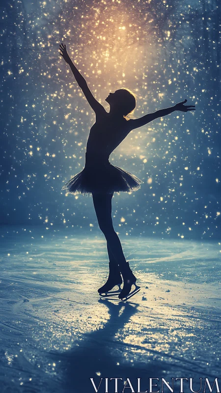 Silhouetted ice skater celebrates beneath glowing stardust sky.