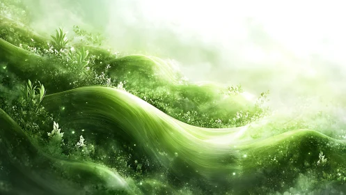 Emerald Dreamwaves Rolling Through Luminous Morning Mist.