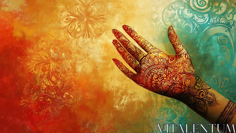 Intricate mehndi hand on warm orange teal background.