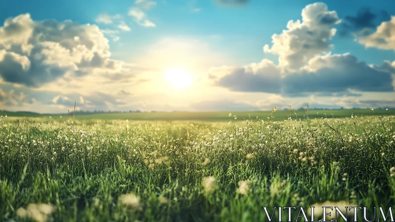 Sunlit grassy field under expansive sky with clouds at horizon.