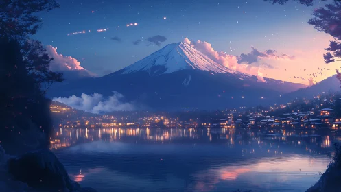 Snow-capped mountain overlooks illuminated lakeside town at dusk
