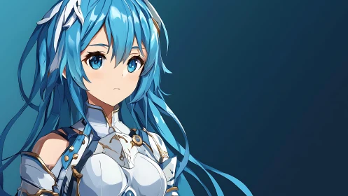 Blue-haired anime warrior gazes calmly into the distance.