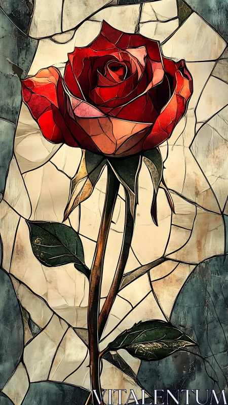 Glowing red rose stands tall in elegant stained glass art