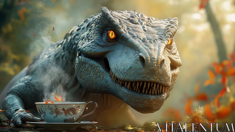 Predatory dinosaur studies porcelain teacup in misty forest.