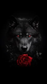 Black wolf portrait with red eyes and single red rose.
