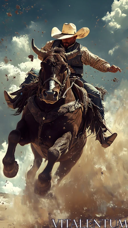 Cowboy drives charging bull through exploding desert dust