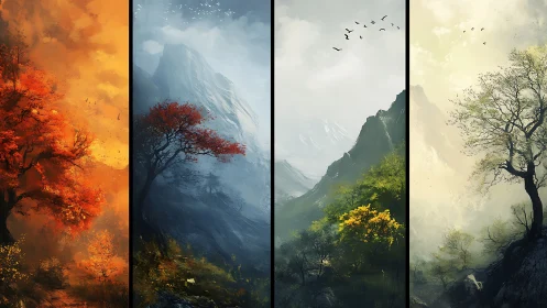 Mountain forest seasons unfolding in vivid harmony.