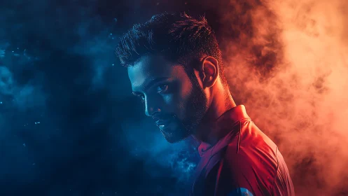 Moody portrait glows between cool blue and fiery orange light