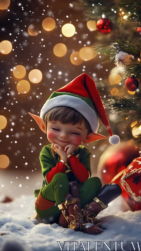 Small Christmas elf sits in snow beside decorated tree