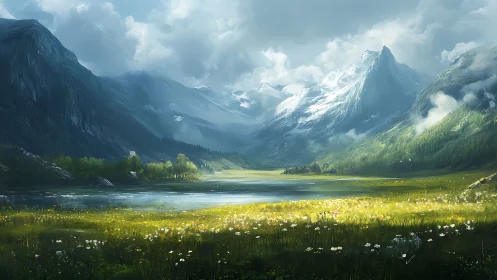 Sunlit wildflower valley beneath storybook glacier peaks.