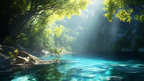 Sunlit forest lagoon shimmers beneath cascading rays.