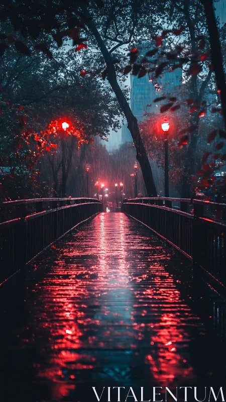 Neon-lit rain bridge with cinematic vanishing perspective.