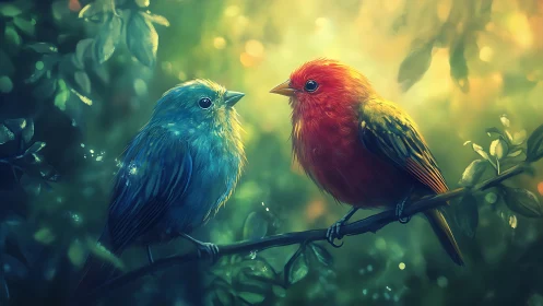 Two Colorful Songbirds on Branch in Dreamy Forest Light.