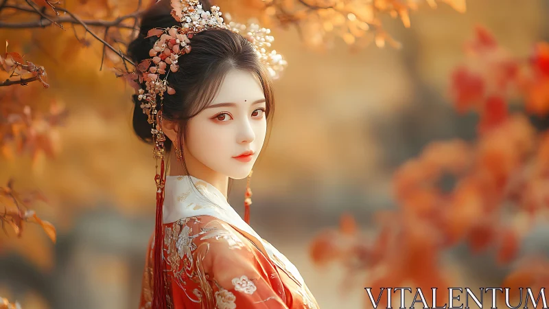 Elegant hanfu woman amid autumn foliage in warm light.
