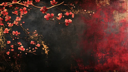 Crimson blossoms drifting across a charcoal twilight wall.