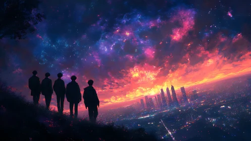 Friends watch a glowing city skyline under a cosmic sunset sky