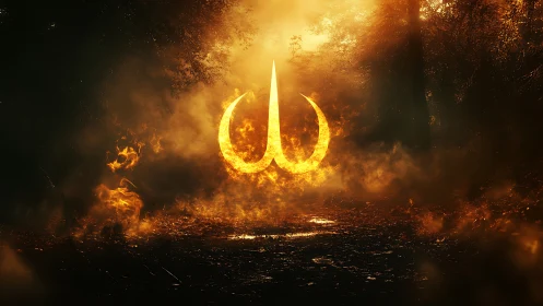 Fiery glowing symbol blazes within a dark mystical forest