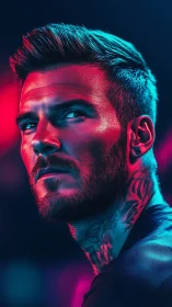 Neon-lit portrait captures intense gaze and modern edge.
