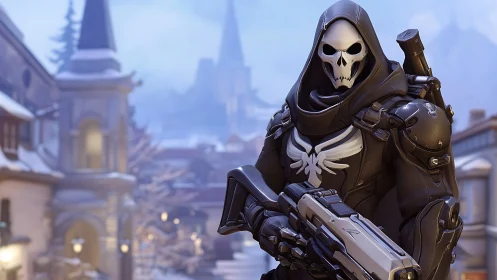 Armored skull-masked soldier patrols snowy town street