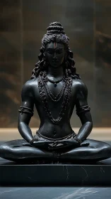 Serene dark stone yogi sculpture in peaceful meditation.