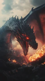 Volcanic black dragon roaring over molten lava field at dusk