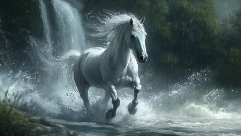 White horse running through shallow water under rainfall.