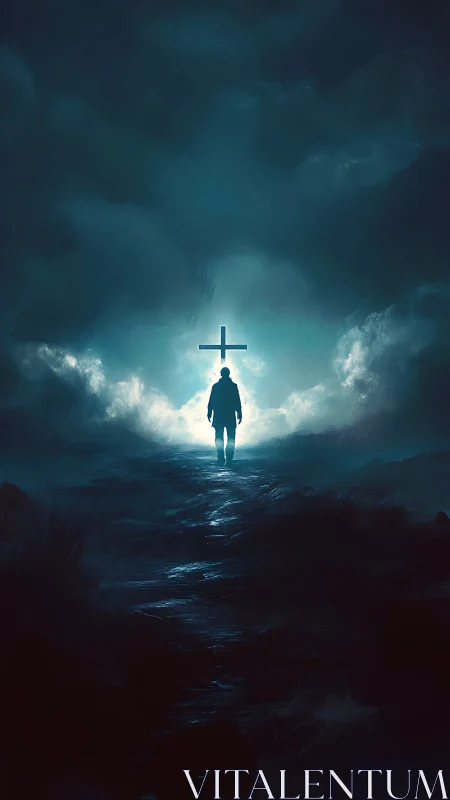 Lone wanderer walks a glowing path toward a radiant cross