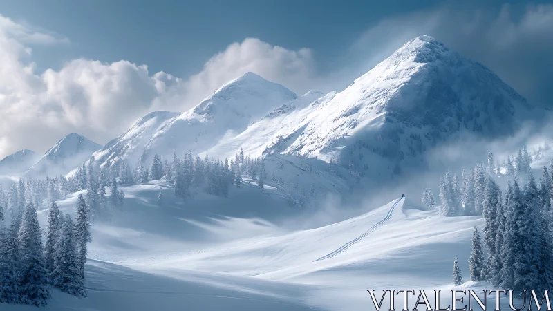 Snow-covered alpine mountains with skier tracks under clouds.