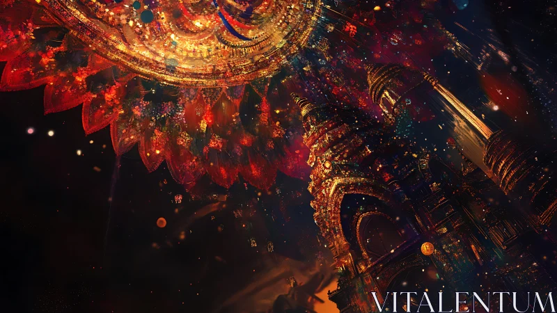 Digital mandala dome overlaps illuminated temple structure