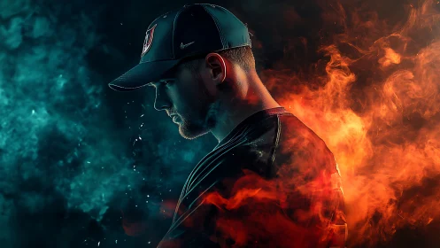 Baseball player in dramatic teal and orange fire clash.