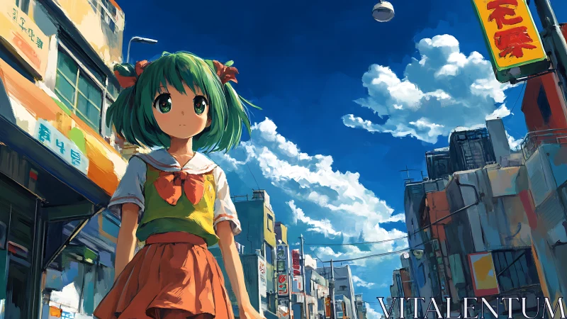 Wide-angle anime street scene renders saturated daylight clouds