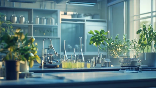 Sunlit biolab blends fresh green plants with glass research tools