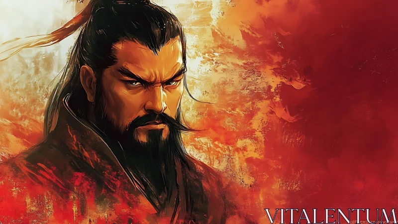 Warrior portrait against abstract red and orange backdrop.