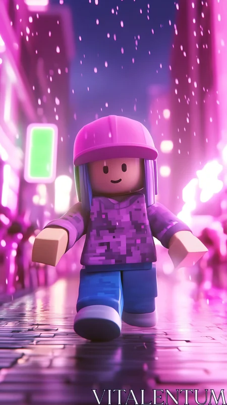 Roblox style character walking in neon city street at night.
