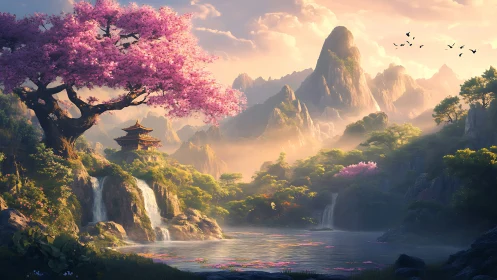 Digital landscape depicts pagoda, waterfalls and pink tree