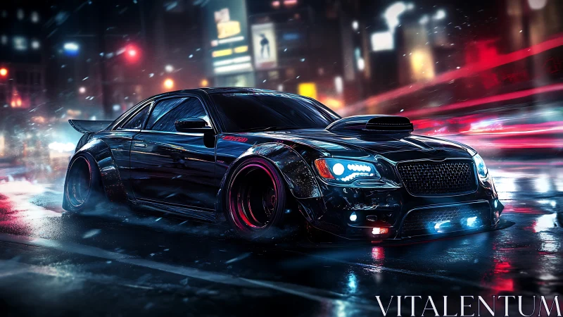 Modified black sports coupe on wet neon city street at night.