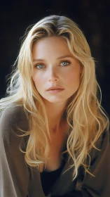 Soft-light portrait of calm blonde woman with distant gaze.