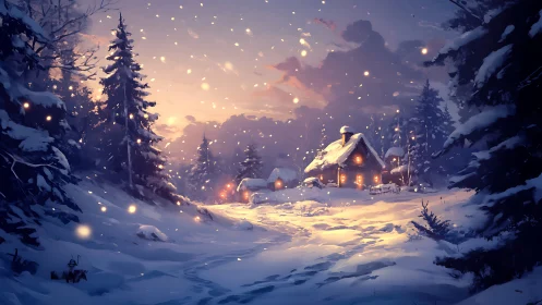 Snow-covered forest cabins glow warmly at winter sunset